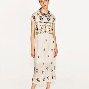 ZARA Woman Plumetis Semi-Sheer Embroidered Midi Dress Cream Floral | Small